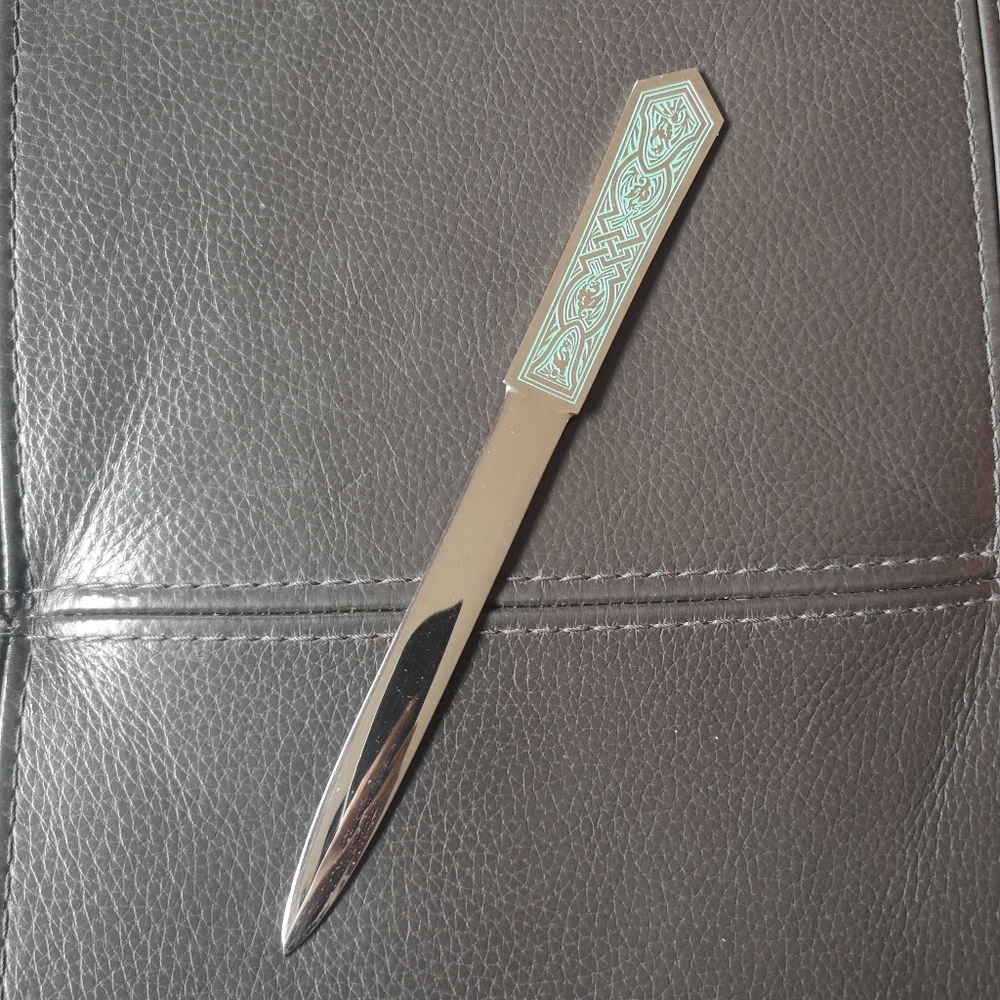 Vintage Solingen Germany Silver Letter Opener 9.5" Green Etched Phoenix Pattern